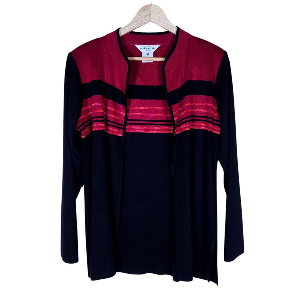 Exclusively Misook Cardigan XS Petite Black Red Striped Knit Classiccore Sweater